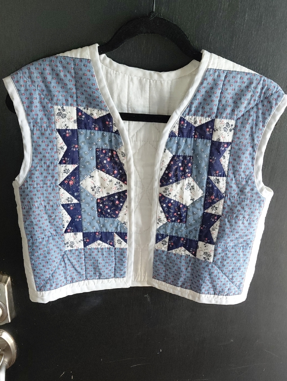 Handmade Cropped Patchwork Quilted Vest | Upcycled Blue White Cottagecore Jacket